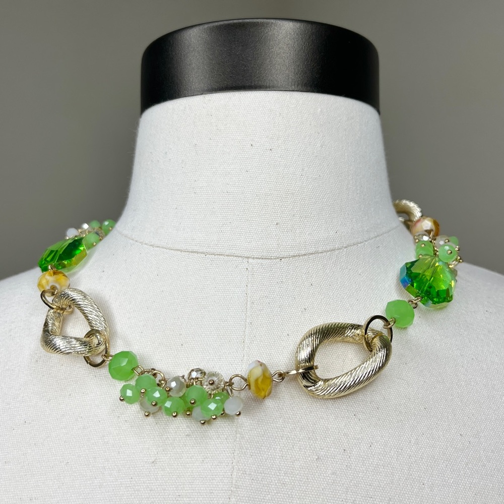 Vintage Gold Link Green Glass Necklace Jewelry Beads Cocktail Y2K Statement Rare